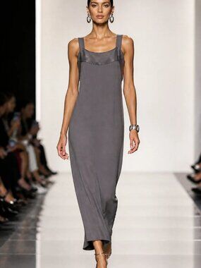 Satin Trim Sleeveless Charcoal Grey Cocktail Party Wedding Guest Maxi Dress Med